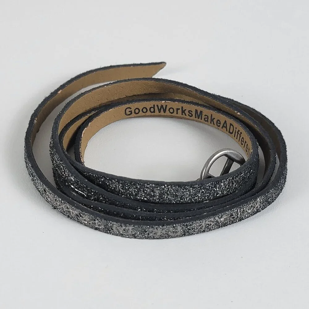 Good Works Black Glitter Leather Strap Wrap Bracelet 35 In Buckle Clasp
